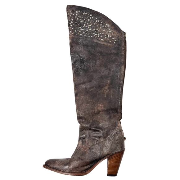 Frye Over the Knee Studded Boots Crackle Leather | Brown | SZ 9 - Picture 4 of 11